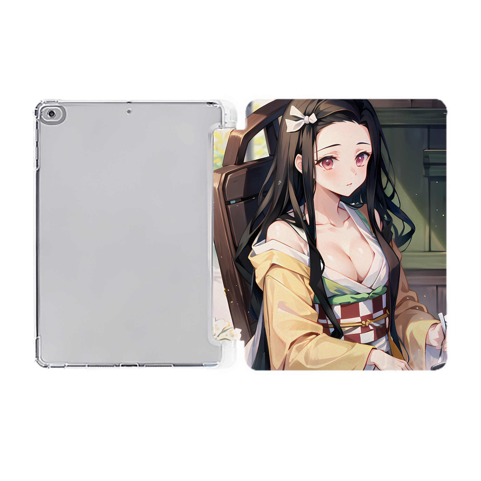 （画像用） 鬼滅の刃（きめつのやいば）竈門 禰󠄀豆子／かまど ねずこ Kamado Nezuko IPad ケース ペン収納付き 三つ折りスタンド PUレザー×シリコン 対応機種9.5/10.5/10.9インチ